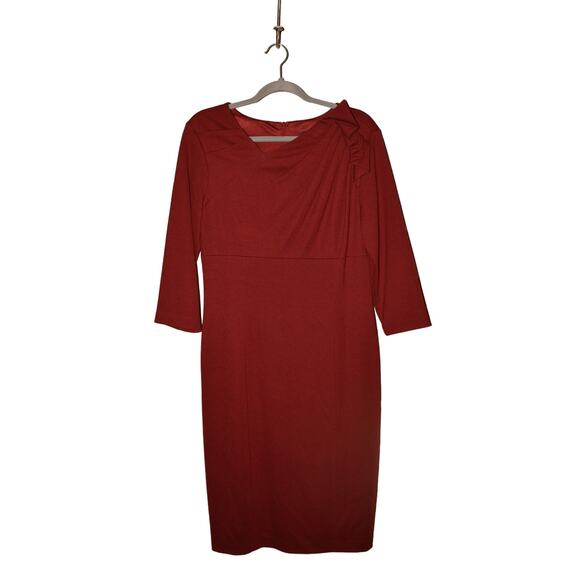 DAVID MEISTER $325 Asymmetric‎ Neck Pleated 3/4 Sleeve Sheath Dress Dark Red 12 - Picture 1 of 3